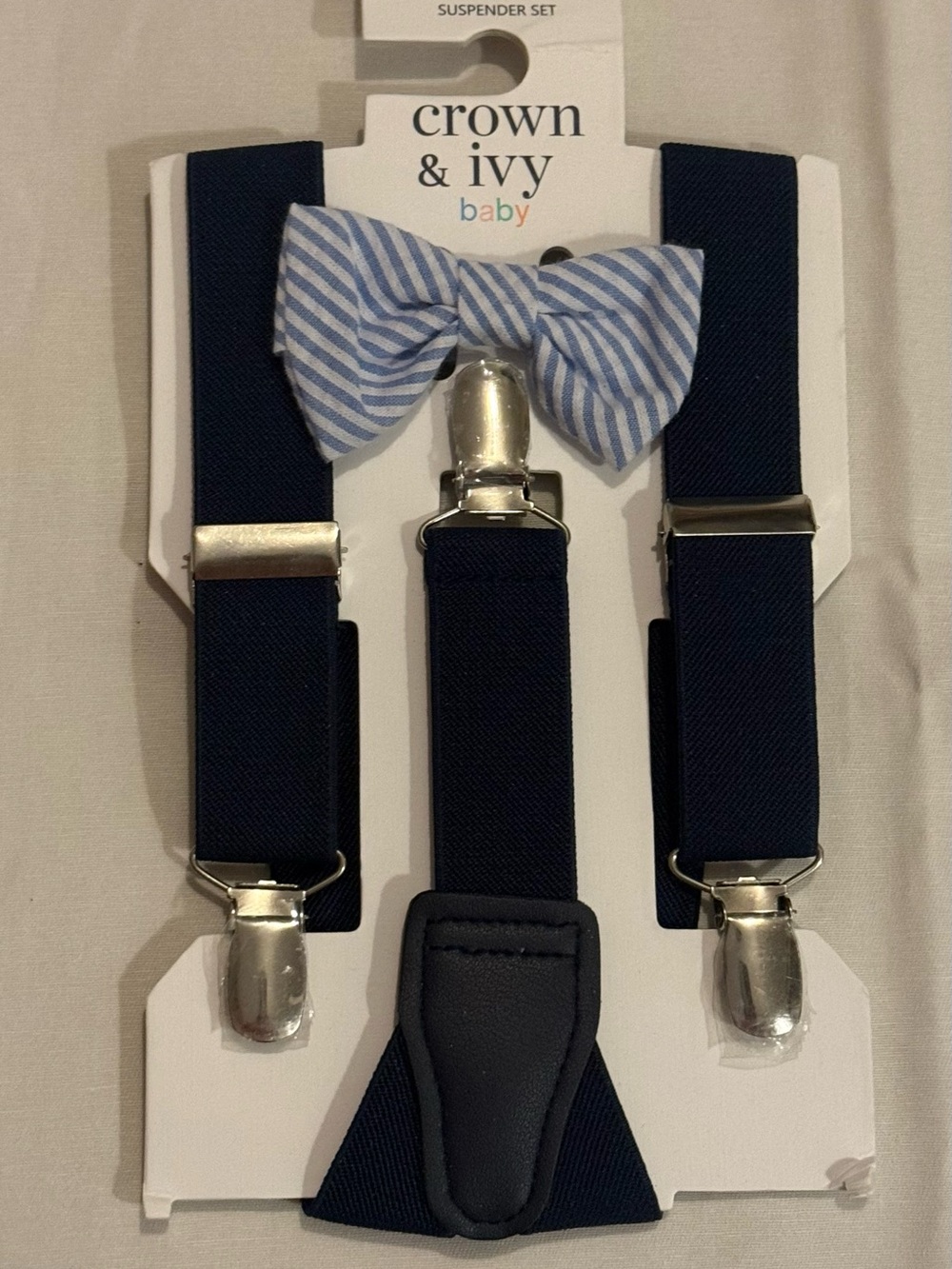 Crown & Ivy Boys Navy Suspenders and Blue Striped Bow Tie Set